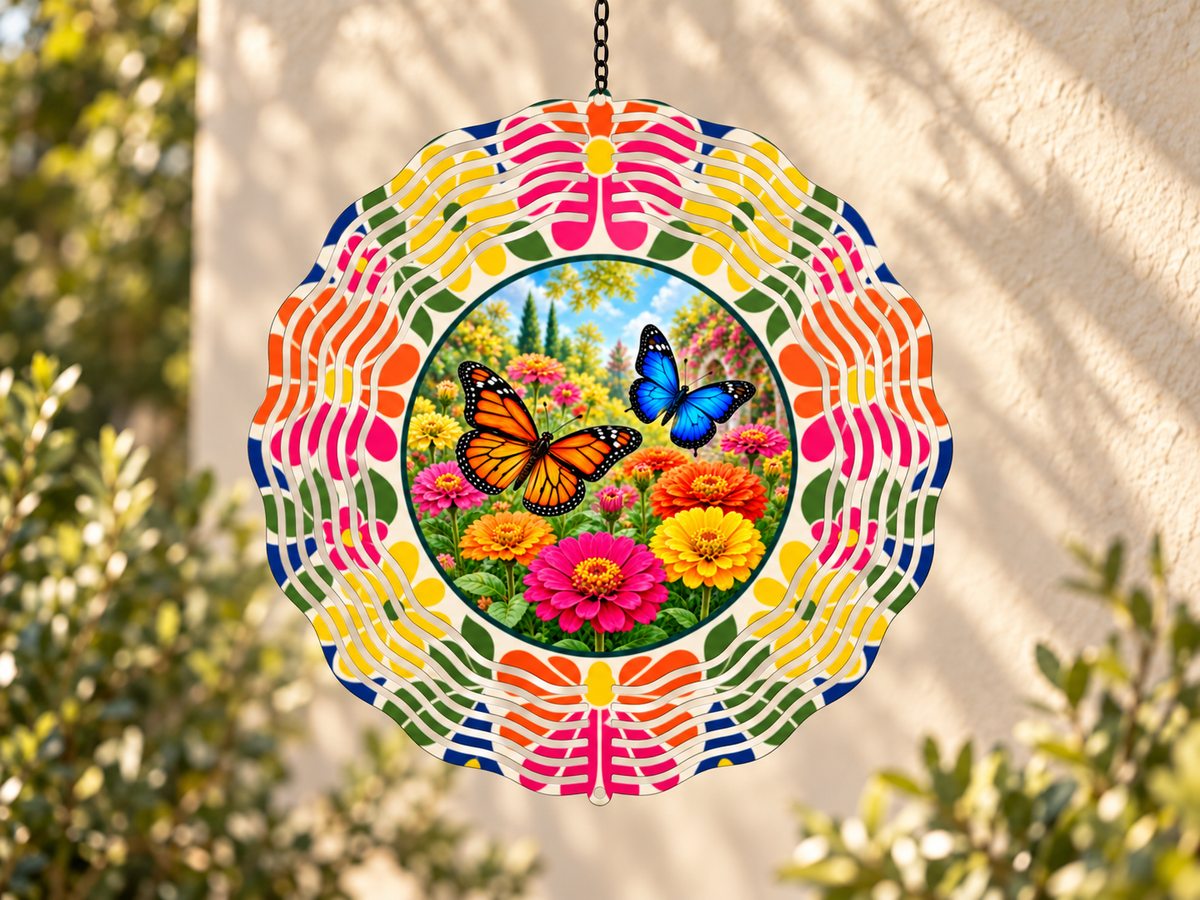 Colorful wind spinner featuring orange and blue butterflies, garden flowers, and a retro floral border.