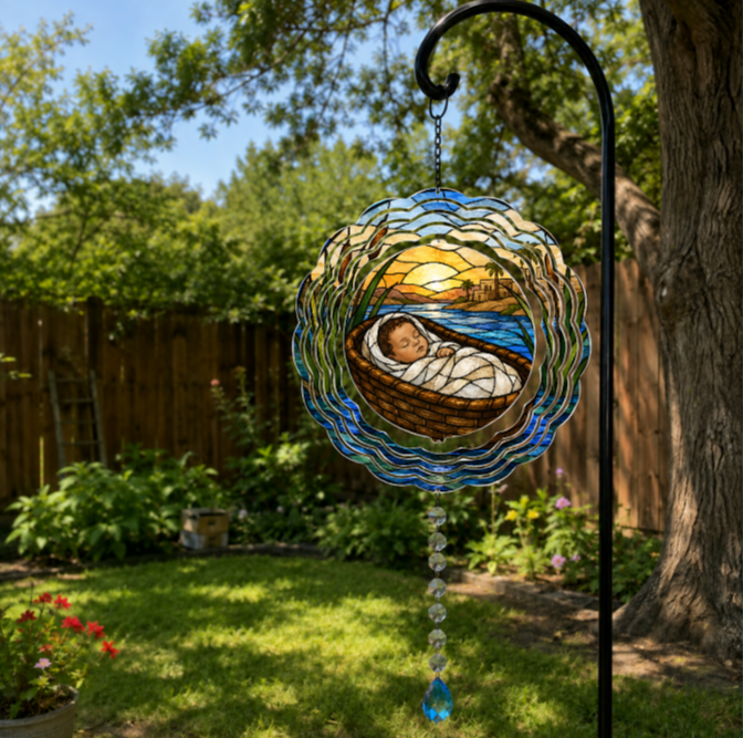 A circular stained-glass garden suncatcher hanging from a black metal garden pole in a backyard. The suncatcher features a scenic sunset over a body of water with a baby sleeping in a boat, surrounded by blue and green layered glass waves.