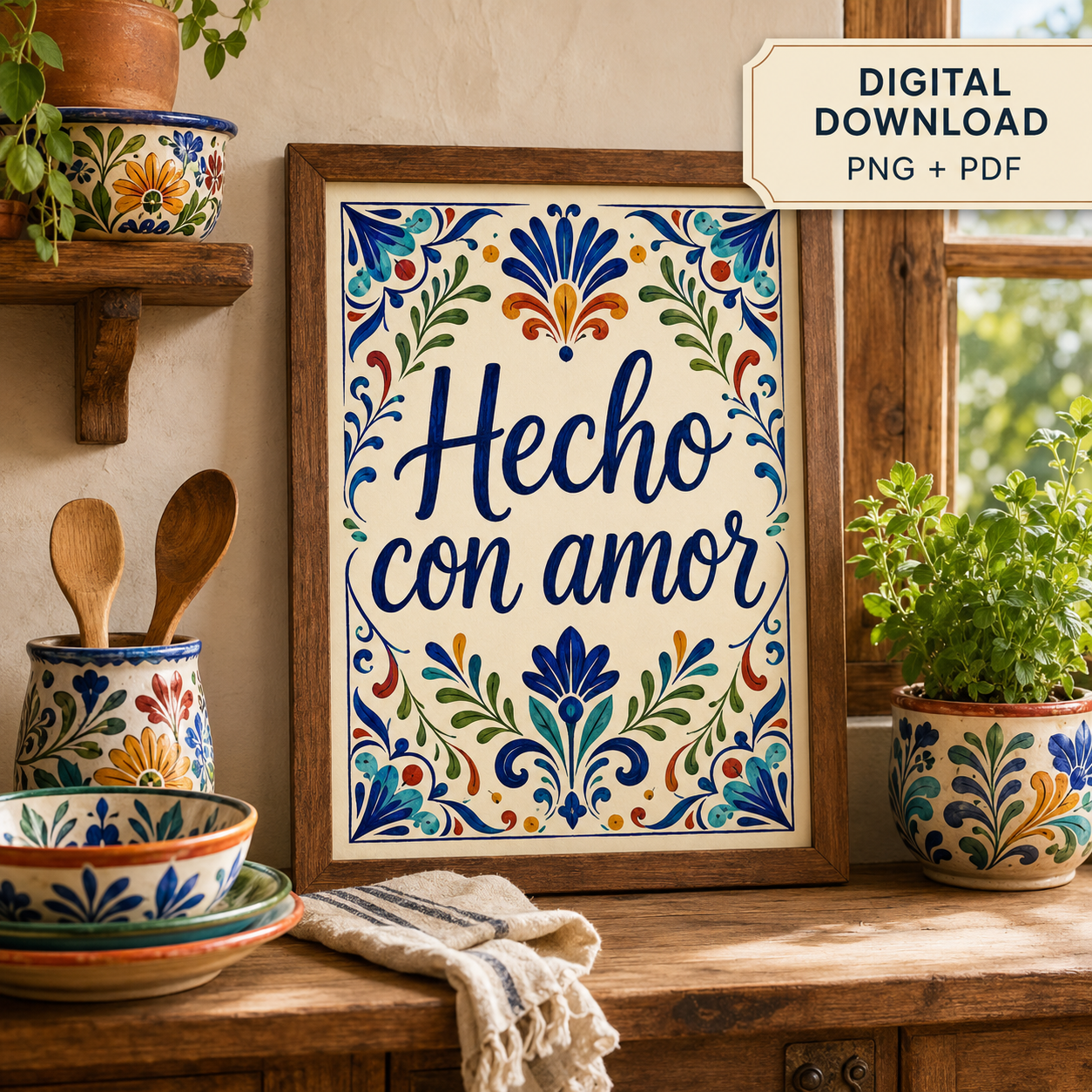 "Hecho con Amor" BilingualKitchen Printable — Talavera-Inspired Wall Art