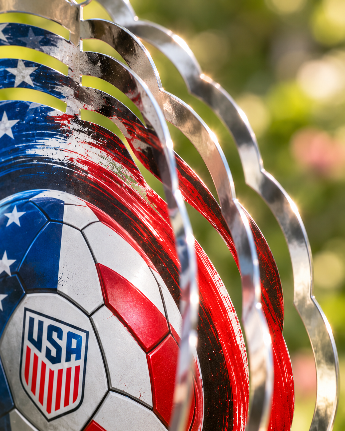 A close-up of a patriotic metal sculpture featuring a USA soccer ball with the USFA crest, layered behind vertical silver metal bars, set against a blurred green outdoor background.