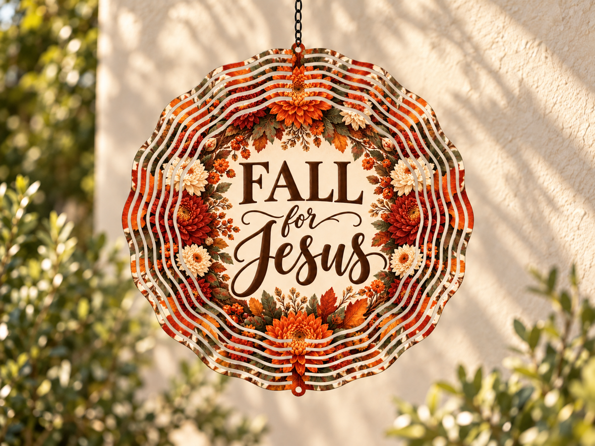 Autumn wind spinner with orange mums, fall leaves, and the words “Fall for Jesus.”