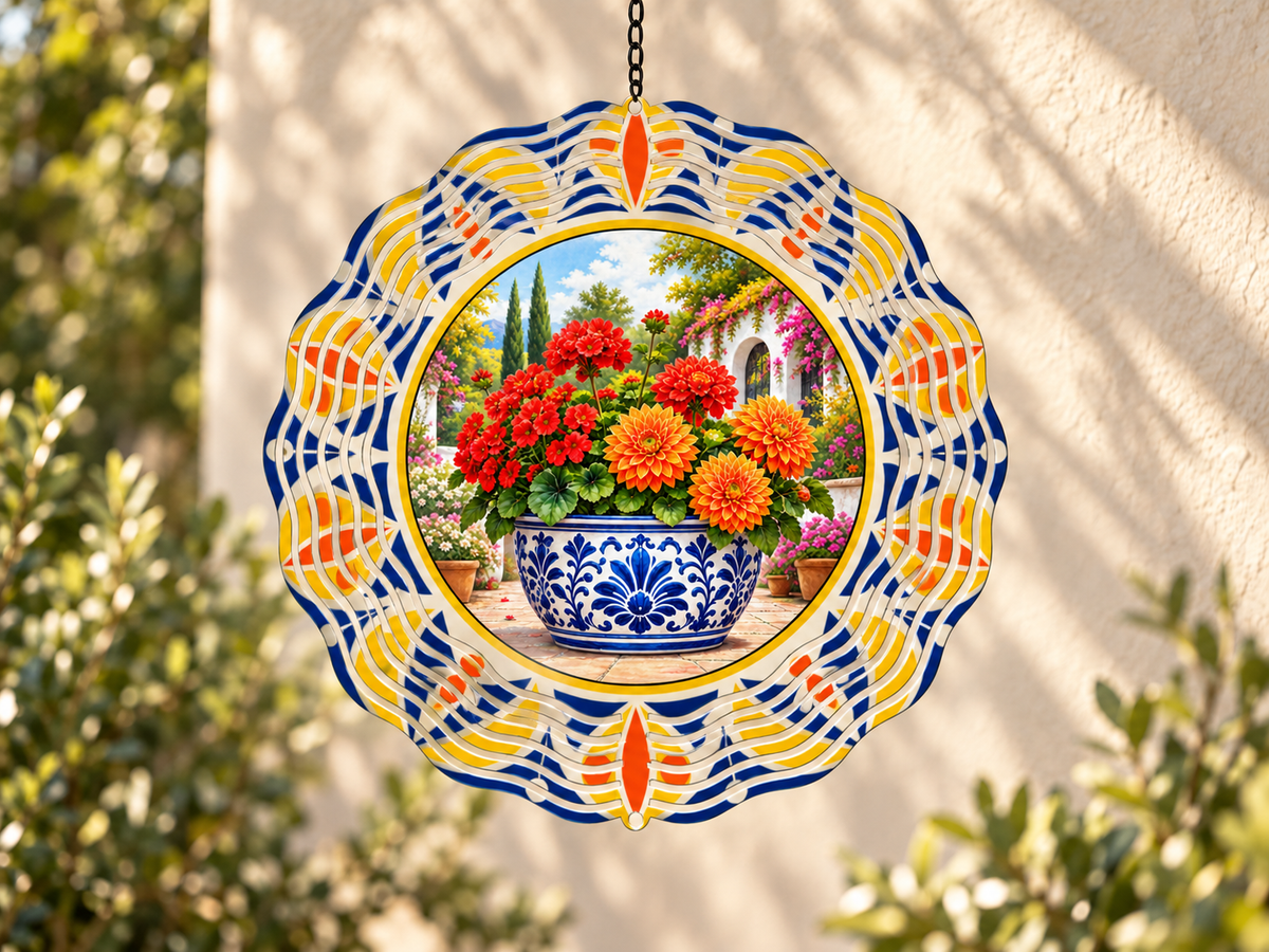 Talavera-inspired wind spinner with colorful mum flowers and an intricate decorative border.