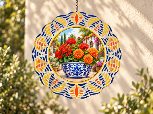 Talavera-inspired wind spinner with colorful mum flowers and an intricate decorative border.