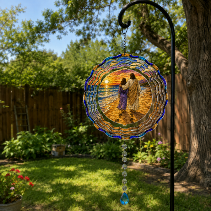 A circular stained glass garden suncatcher hanging from a black metal garden stake in a backyard. The glass features an illustration of Jesus and a woman walking on a beach at sunset. Their feet leave footprints in the sand behind them. 