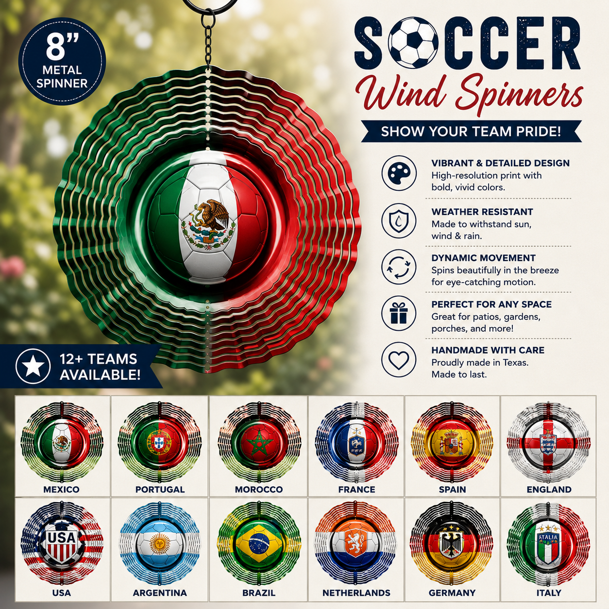 Soccer wind spinner with various national flags on a blurred outdoor background