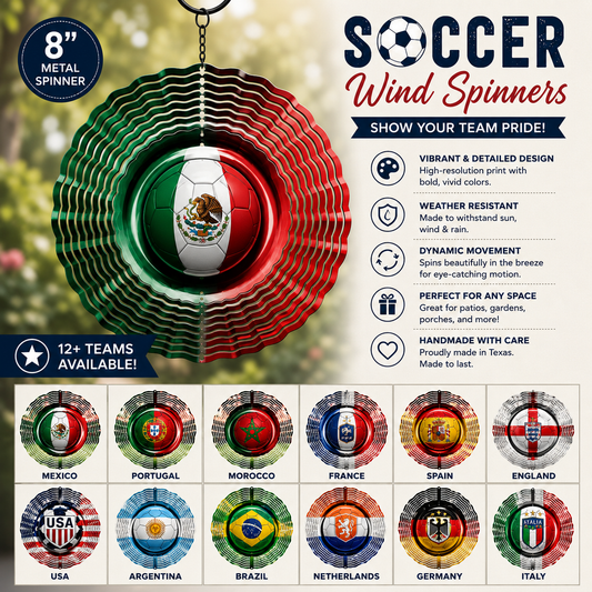 Soccer wind spinner with various national flags on a blurred outdoor background