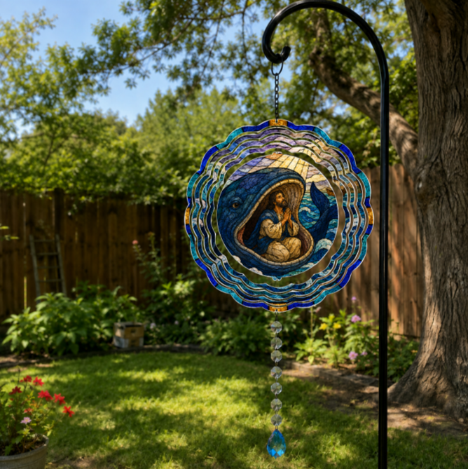 A stained glass suncatcher featuring a praying man inside a big blue whale, in a blue and gold design, hanging from a black metal garden stand in a sunny backyard garden.