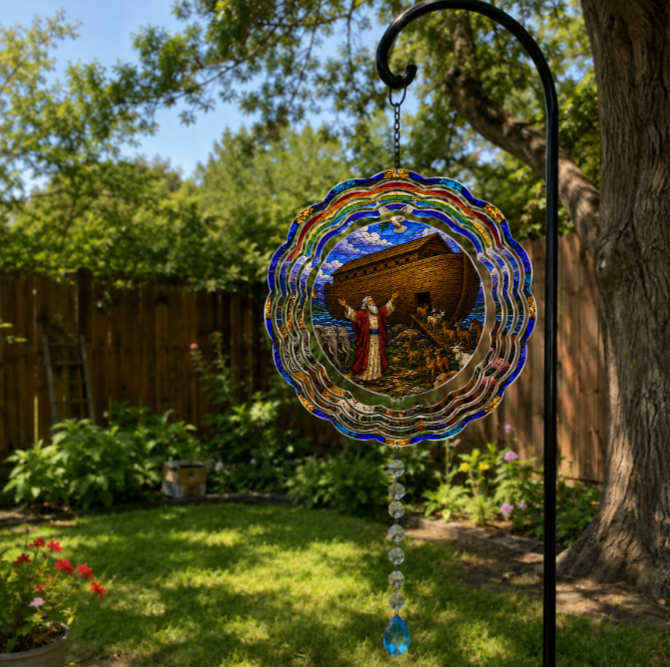 A circular stained-glass suncatcher hanging from a black metal garden stake in a backyard. The glass features a colorful rainbow border and a central ark scene with figures and animals under a blue sky.