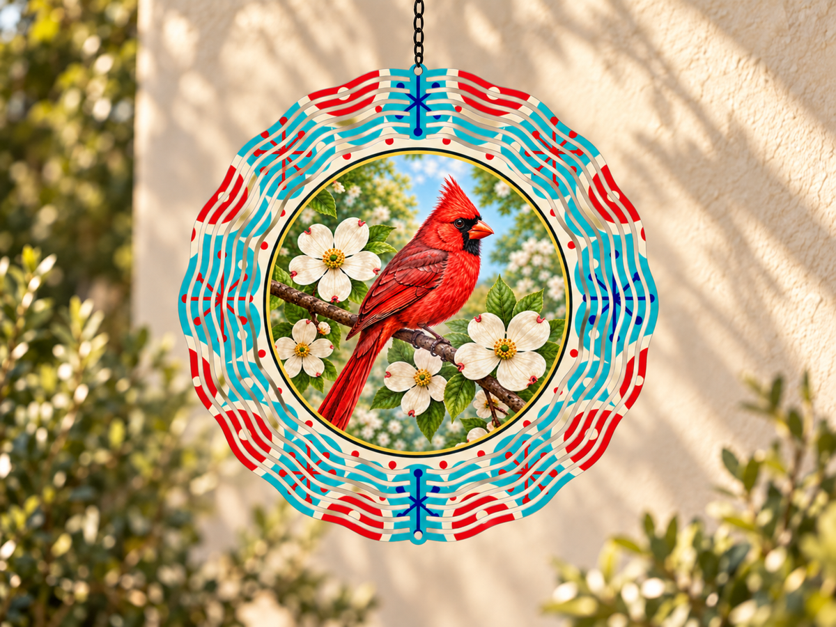 Red cardinal wind spinner with white dogwood blossoms and a colorful retro patterned border.
