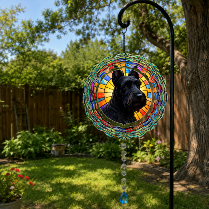 A circular stained-glass-style garden ornament featuring a black dog portrait, hanging from a black metal garden stake in a sunny backyard with grass, trees, and a wooden fence.
