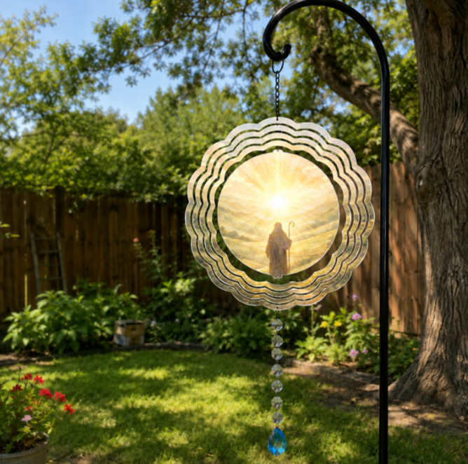 A circular metal garden suncatcher with concentric scalloped rings, featuring a sunburst design and a silhouette of a shepherd, hanging from a black metal garden pole in a sunny backyard garden.
