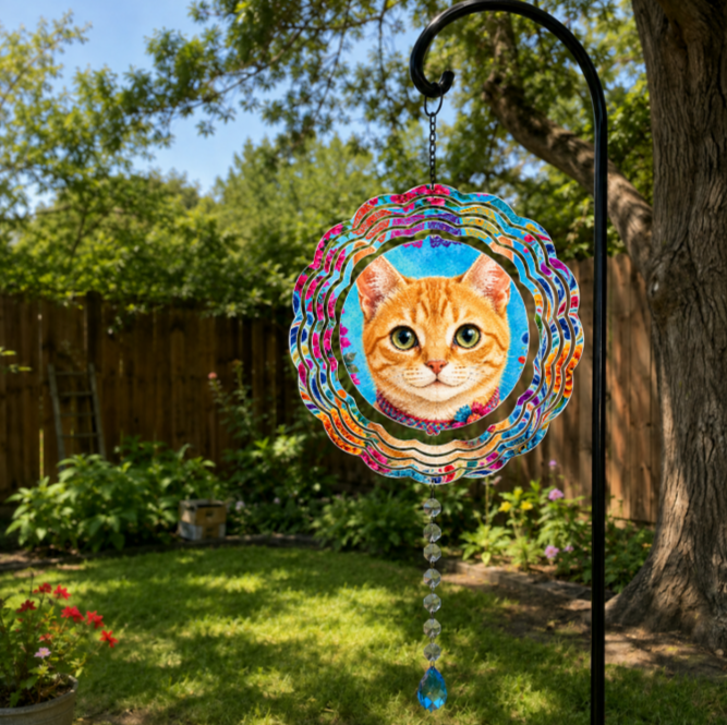 Orange tabby cat portrait with a colorful floral border on a wind spinner hanging in a garden.