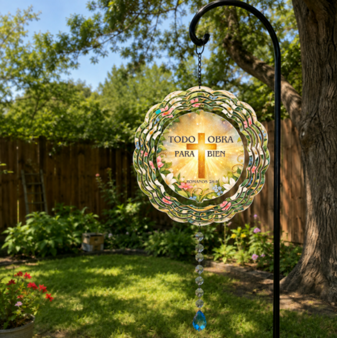 A circular stained-glass style garden suncatcher hanging from a black metal garden stake in a backyard garden. The suncatcher features a floral pattern with a central white circle containing a gold cross and the Spanish text 'TODO OBRA PARA BIEN' 